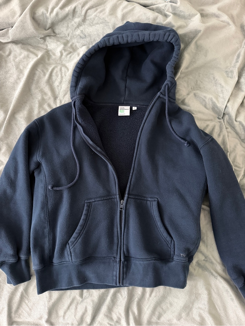 Aritzia TNA Sweatfleece Bubble Fleece Boyfriend Zip-Up – Navy Blue – XS